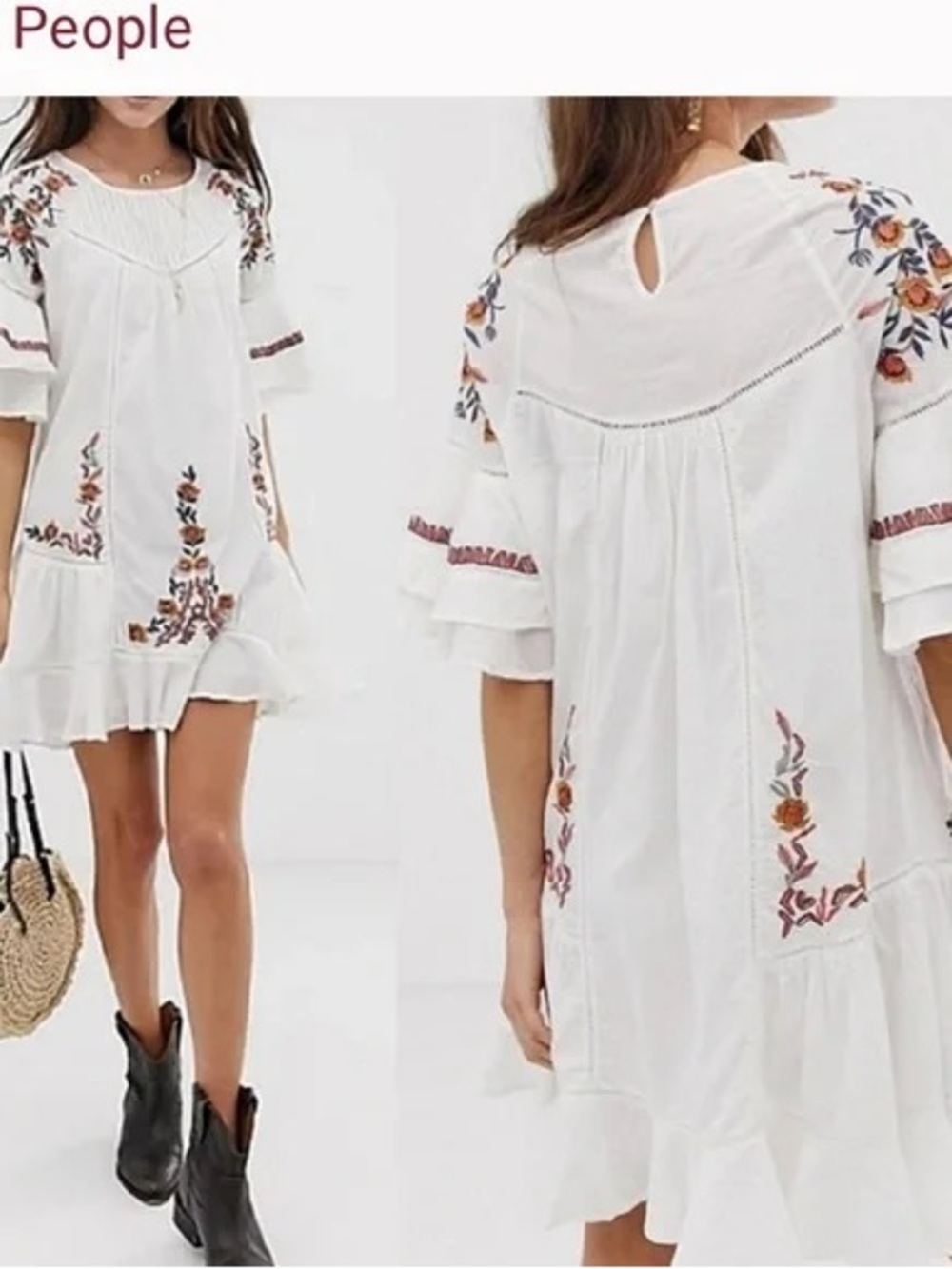 Free People White Mini Dress with Floral Embroidery